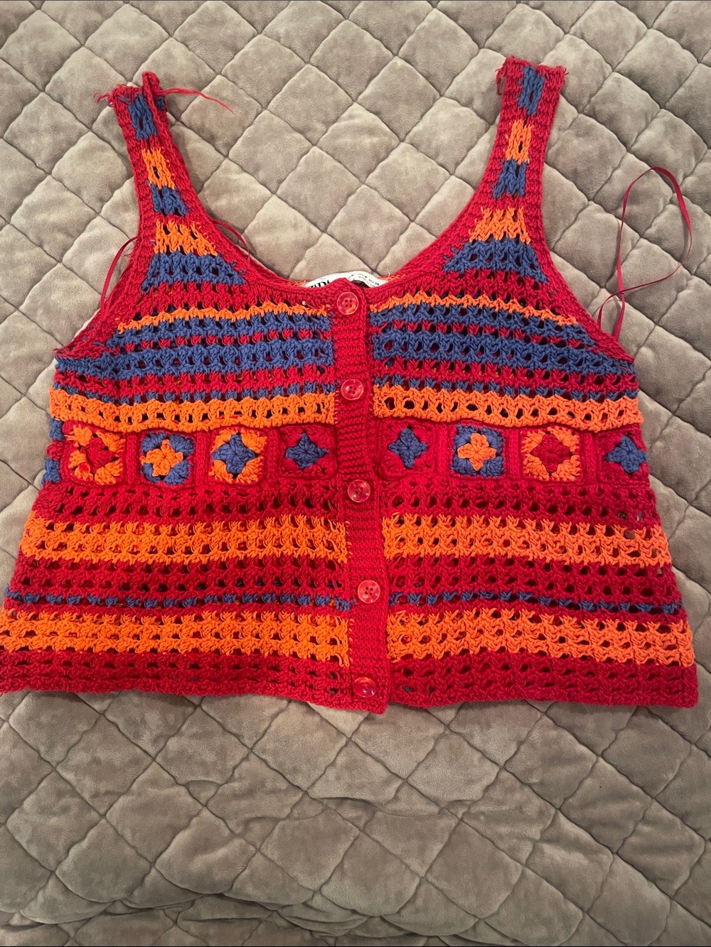 Zara -Crocheted Striped Button-Front Tank — Red, Orange & Blue